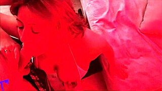 hey, this latina milf under red light sucks my balls, spits on big cock for handjob and huge facial cumshot