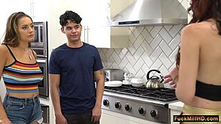 Naughty Boyfriend Sucks Girlfriend's Big Tits While Washing Dishes Until Stepmom Joins for Threesome Sex