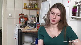Leidenschaftliche deutsche brunette masturbates shaved pussy solo with natural tits
