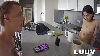 Why does real couple Kareflore and Abbadon flash tits in the kitchen during their homemade European reality show? This young brunette teen teases her boyfriend with voyeur exhibitionist vibes in a private tattooed encounter.