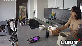 Why does real couple Kareflore and Abbadon flash tits in the kitchen during their homemade European reality show? This young brunette teen teases her boyfriend with voyeur exhibitionist vibes in a private tattooed encounter.