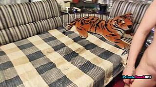 THROAT FUCK Slave Russian Girl ROUGHLY DOMINATED by Stepbro. Deepthroat Cum in Mouth on Bed with Blowjob and Doggystyle.