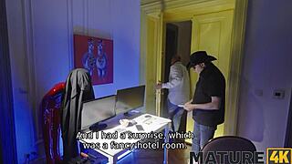 Blonde mature wife in stockings cheats at Czech hotel