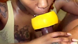 Ebony babe takes big black cock deepthroat with spitting and facial cumshot in POV.