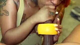 Ebony babe takes big black cock deepthroat with spitting and facial cumshot in POV.