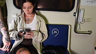 Brunette publicly sucks big cock and gets fucked doggystyle in train car with close up outdoor action