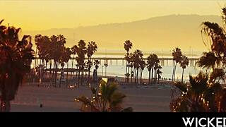 brunette and redhead share big tits in threesome blowjob scene. they ride cowgirl after deepthroat and kissing foreplay.