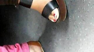 mature feet in candid wedges and sandals, hidden just like that.
