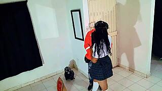 Young student in college uniform and skirt gives blowjob to delivery man at home. 😏 Homemade amateur latina coed in socks and stockings gets slutty!