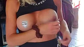 Milf goes fully nude while walking outdoors in public area.