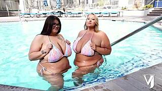 Fat BBW twins with saggy big natural tits and huge bellies milk lucky guy's cock in POV