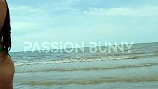 Petite 18+ brunette babe flashes her cute body in sexy public beach walking and solo outdoor teasing