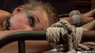 On your knees, blonde slave, take this big cock deep in anal while bound and creampied hard