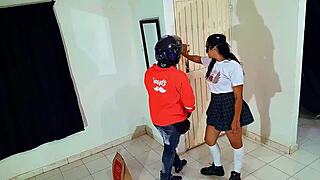 Young student in college uniform and skirt gives blowjob to delivery man at home. 😏 Homemade amateur latina coed in socks and stockings gets slutty!