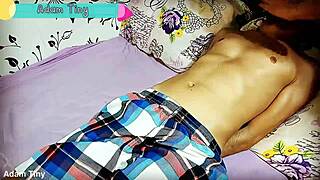 In a steamy bedroom affair the cheating wife ties up her husband's best friend for a homemade handjob video full of dirty talk and roleplay