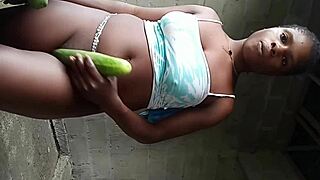 black teen 18+ strips and teases her petite 18+ body with huge cucumber in homemade pussy play