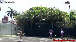 Hazing babes eating pussy on a tennis court