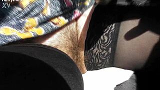 hairy mature milf flashes her beaver publicly in the car outdoors