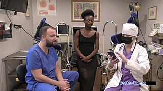 dr tampa explores petite rina arem shaved pussy in gyno exam with gloves