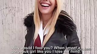 Busty european blonde in public flashing suggests voyeur thrills with big tits on display outdoors