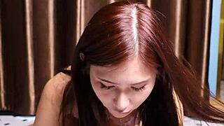 Petite Asian Cutie April Maxima Sucks Dildo Before Footjob Action