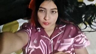 Skinny latina wife in bunny uniform masturbates solo with dildo. She spreads big ass legs for homemade orgasm in bedroom.