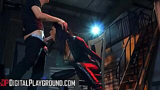 Sloppy blowjob from big tits babe in garage leads to intense girl-on-girl cunilingus with ass licking and muff diving in stockings.