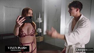 redhead gets cum on tits from blowjob and doggystyle fucking in naughty outdoor lingerie