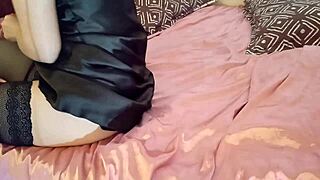 French Amateur Slut Clothed In Black Dress Satin Panties Garters Heels Boldly Rubs Rims Doggystyle With Toys
