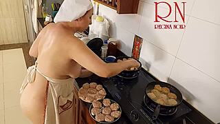 nudist housewife regina noir is cooking naked in the kitchen as a maid