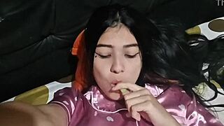 Skinny latina wife in bunny uniform masturbates solo with dildo. She spreads big ass legs for homemade orgasm in bedroom.
