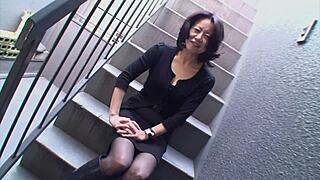 Skinny Japanese milf gets shaved pussy licked and fucked hard in lingerie