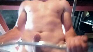 Working out and stroking big cock with toys until multiple cum orgasms hit