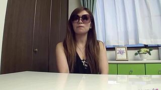 Japanese teen 18+ model contrasts shy interview with uncensored JAV casting creampie fuck in glasses