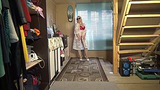 Juicy milf strips naked in beautiful lingerie and stockings showing big natural tits