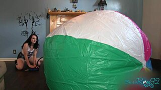 Mega Beach Ball Inflation With Milf In Socks And Brunette Behind The Scenes At Beach