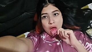 Skinny latina wife in bunny uniform masturbates solo with dildo. She spreads big ass legs for homemade orgasm in bedroom.
