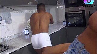 stepson licks ebony stepmom big ass and fucks wet shaved pussy in kitchen
