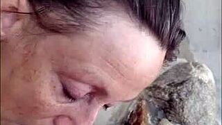 What happens when mature hotwife Candi Annie milks cock at nudist resort pool with cumshot swallow