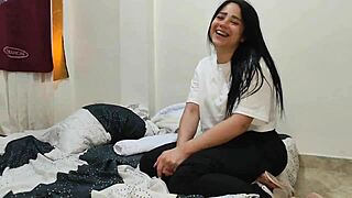 Convincing petite Colombian step-cousin to deepthroat and fuck as wife watches