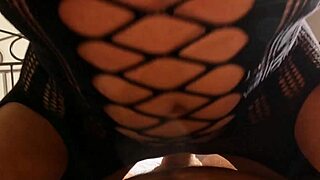 I ride him hard in cowgirl until we switch to doggystyle. Finish with cumshot up to my hair in fishnets.