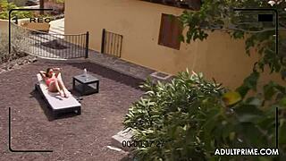 sunbathing turns into double penetration with two cocks outdoors. bent over for rimjob and anal.