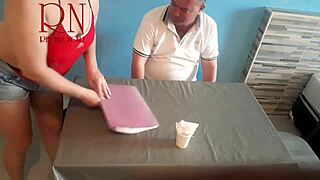 naked waitress serves restaurant guest who eats from her navel in this curvy milf scene c1