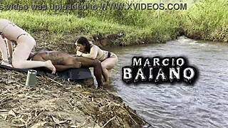 Exotic Eliane Furacao and Lorrany Exotica in outdoor gangbang by the river