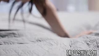 This hot brunette teen gives blowjob and rides stepdad's cock bent over.