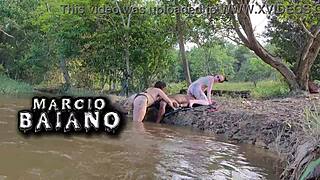 Exotic Eliane Furacao and Lorrany Exotica in outdoor gangbang by the river