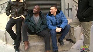 Group of Guys Fucking Busty Brunette Babe on Sofa with Interracial Double Penetration and Facial Cumshot