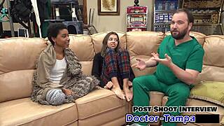 brunette in latex gloves spreads short hair pussy for pov handjob and missionary moaning