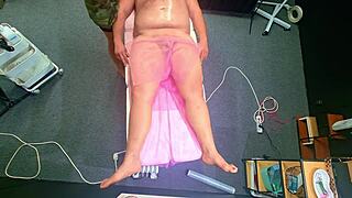 he fell off massage bed then she tricks chubby neighbor into femdom happy ending with toys and anal fingering