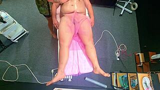 he fell off massage bed then she tricks chubby neighbor into femdom happy ending with toys and anal fingering